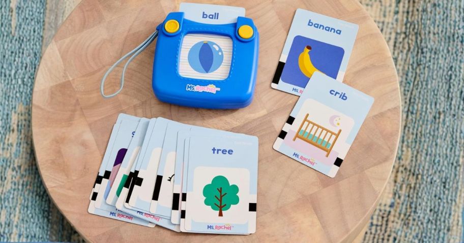 Ms. Rachel Official First Words Talking Flash Cards w/ Electronic Reader on table