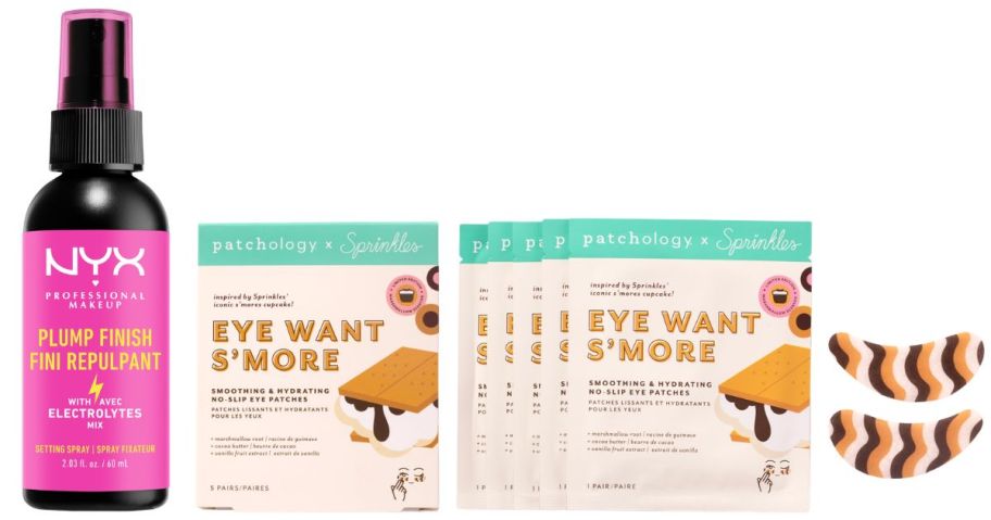 NYX Professional Makeup Plump Right Back Plumping Setting Spray and Patchology x Sprinkles Eye Want S&rsquo;more Smoothing & Hydrating No-Slip Eye Patches