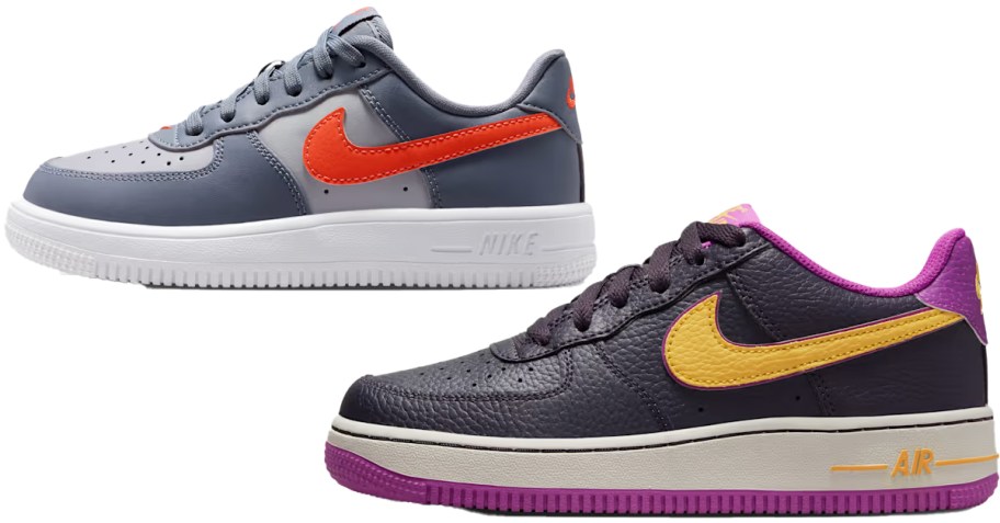 grey/orange and black/purple/yellow nike sneakers