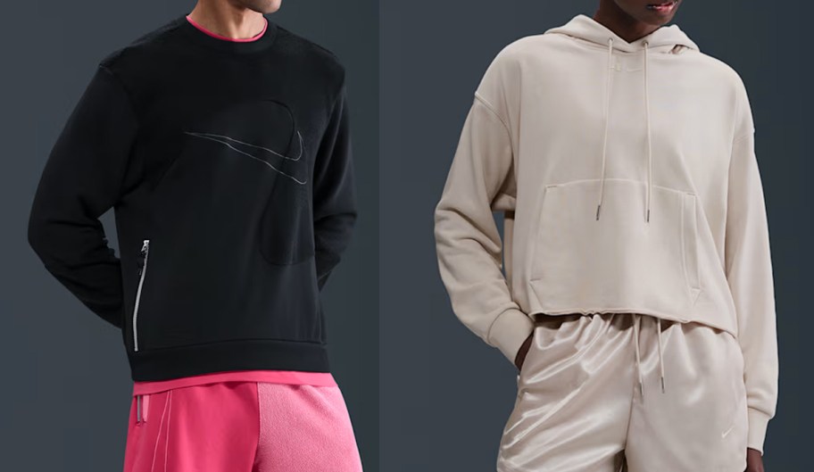 man in black nike sweatshirt and woman in tan nike hoodie