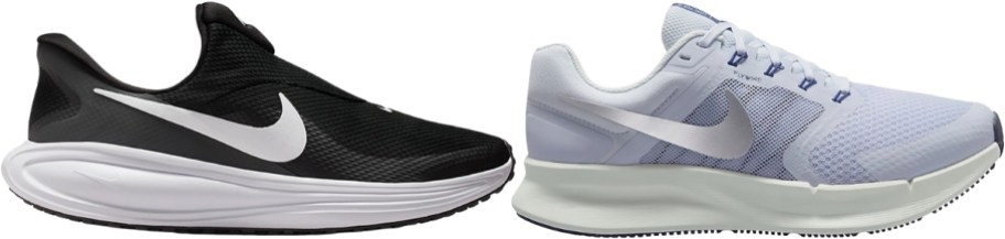 a mens black running shoe with a womans light purple running shoe