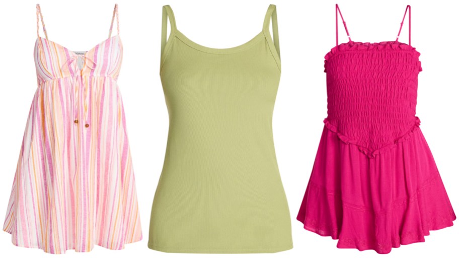 No Boundaries Women's Cami A-Line Dress, Ribbed Cami Top, Smocked Romper