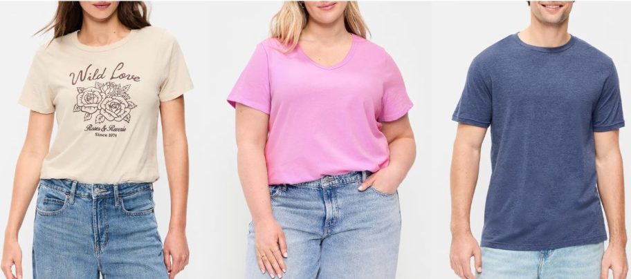 stock images of two women and a man wearing Old Navy Tees