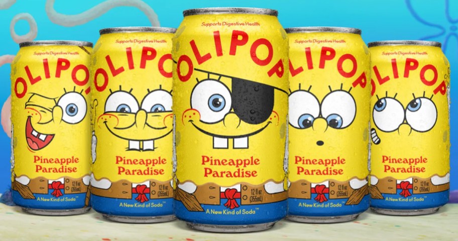 yellow Olipop SpongeBob Pineapple Paradise cans in a row