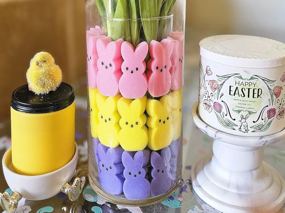 colorful peeps-shaped sponges inside a glass vase