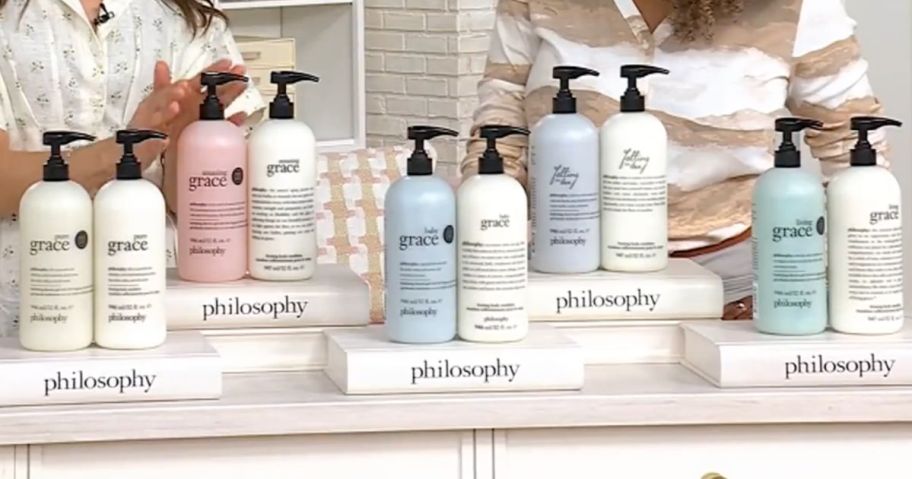 Several Philosphy Shower Gel and Lotion Sets on Display in various scents