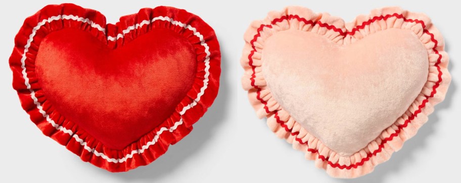 red and pink ruffle heart pillows