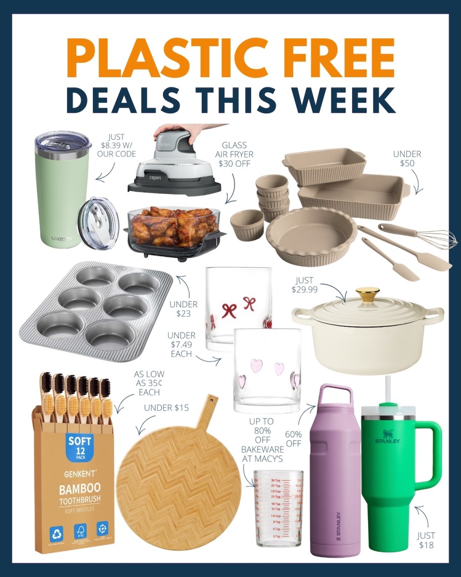 plastic free deals this week collage graphic with various items