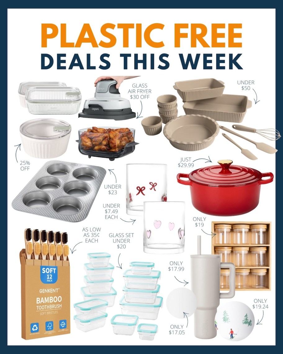 plastic free deals this week collage of plastic free items