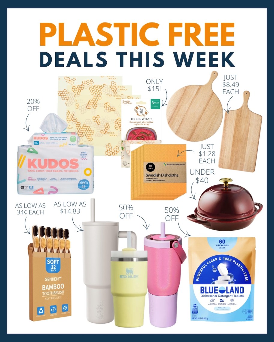 Collage of plastic free deals this week with various products of plastic free items