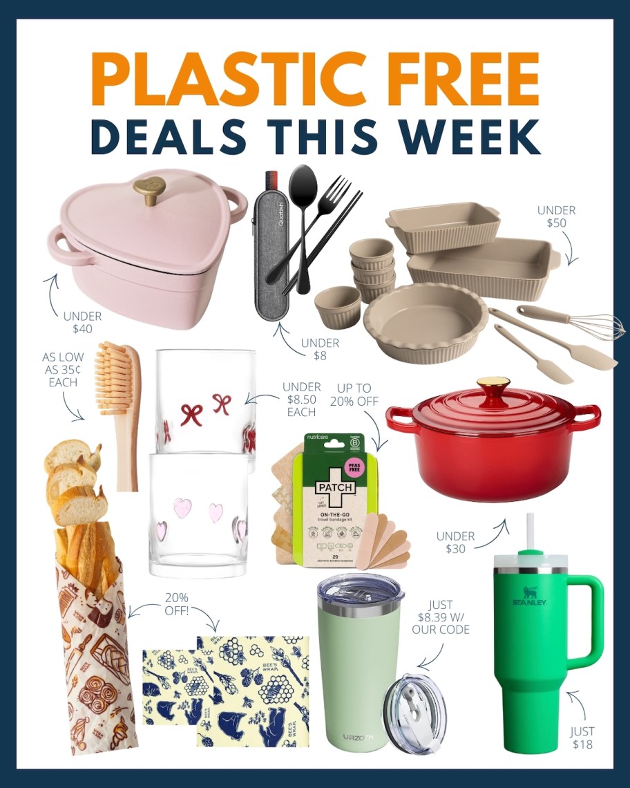 collage of plastic free deals this week with various stock photos of deals