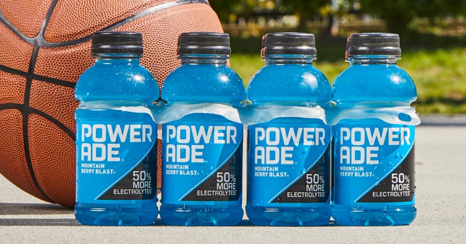 8-pack of blue Powerade bottles with a basketball behind them