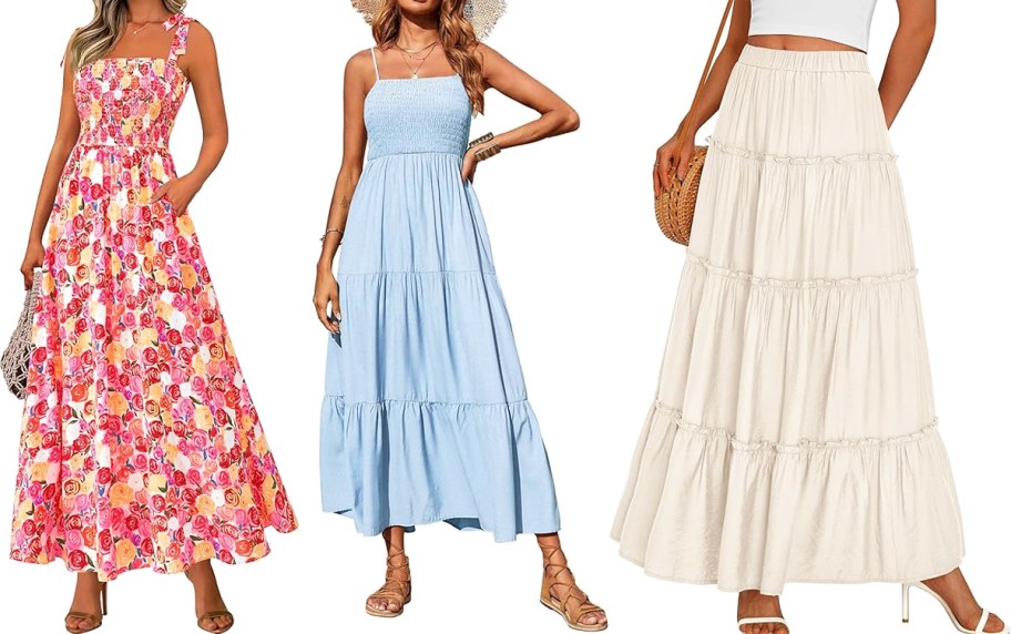 three women modeling maxi dresses and skirts