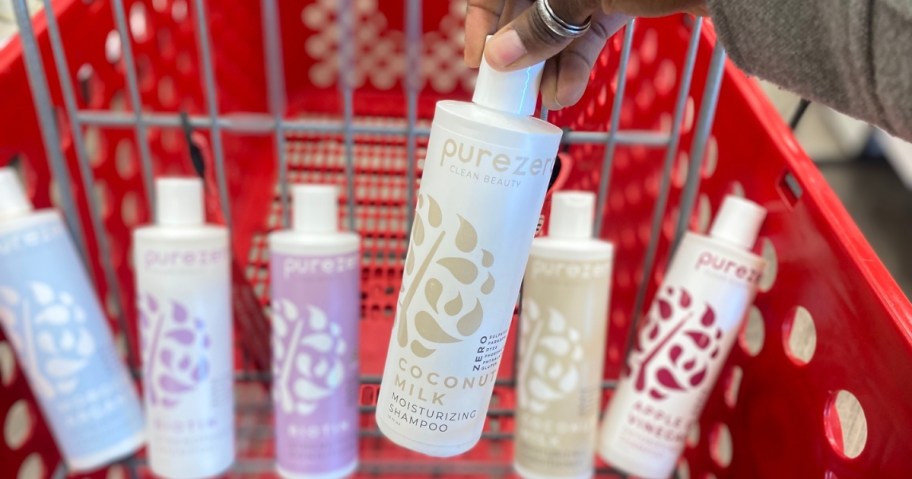 bottle of purezero shampoo in target cart with other bottles