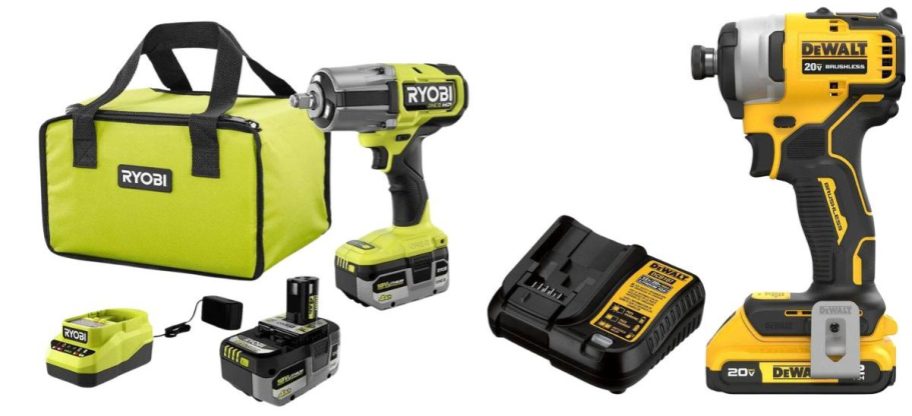 RYOBI ONE+ HP 18V Brushless Cordless 4-Mode 12 High Torque Impact Wrench Kit w 2 4.0 Ah Batteries & Charger and DeWalt Atomic 20V Max Lithium-Ion Brushless Cordless Compact 14 Impact Driver Kit w