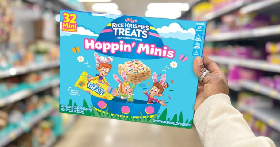 hand holding up a box of easter themed Rice Krispies Treats in store