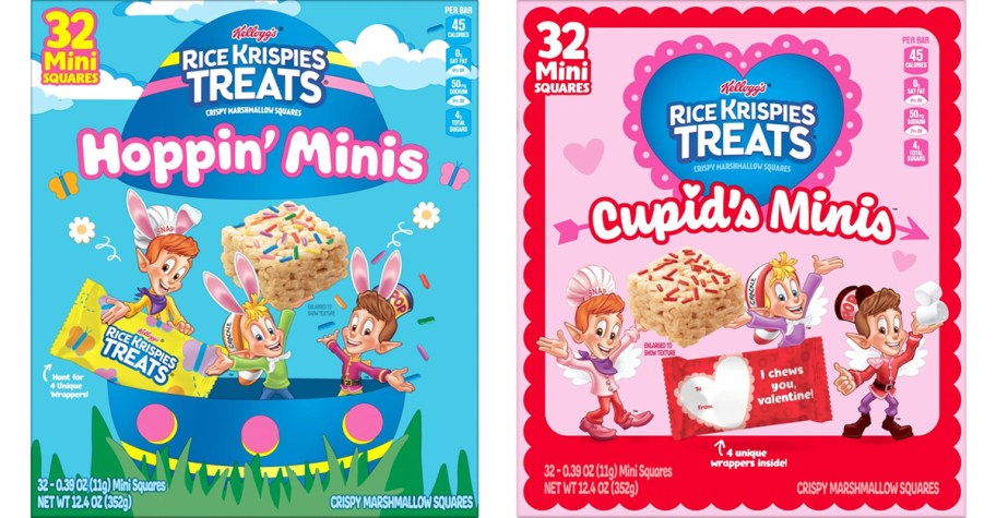 two boxes of Rice Krispies Treats with easter and valentine's day wrappers