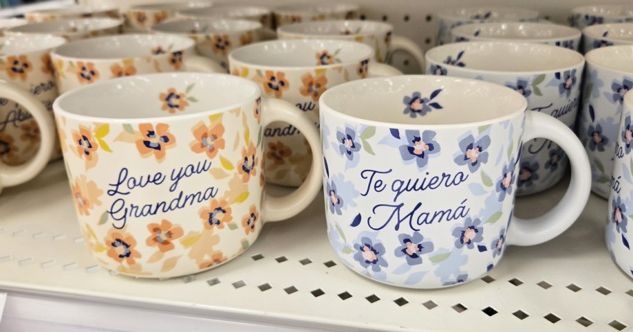 floral print mugs that say love you grandma & mom on them