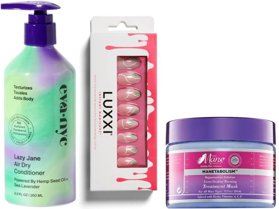 Stock images of hair care and press on nails from Sally Beauty