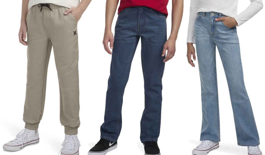 three kids modeling pants
