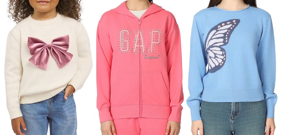 three kids modeling sweaters and hoodies