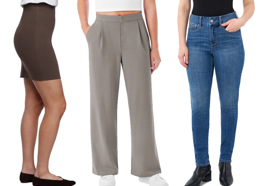 three women modeling a skirt, trousers, and jeans