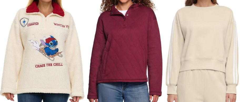 three women modeling cream and maroon tops
