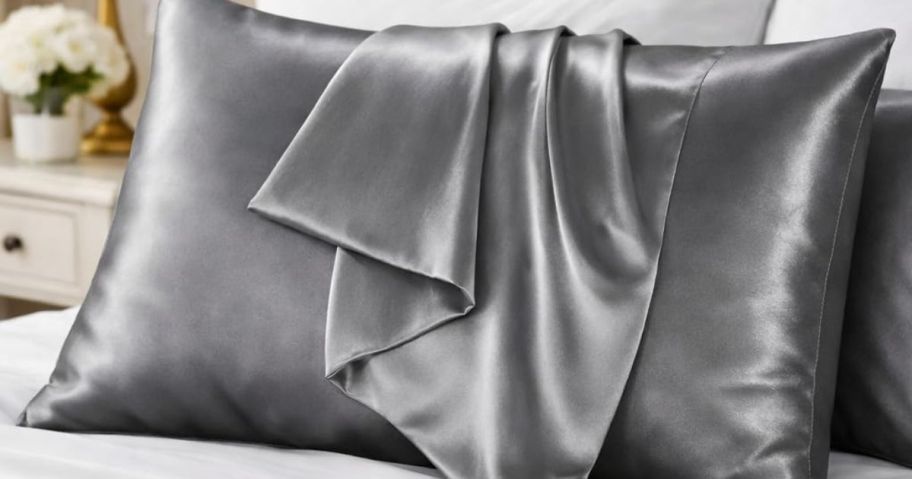 Pillow with a Besure satin pillocase on it and one draped over it