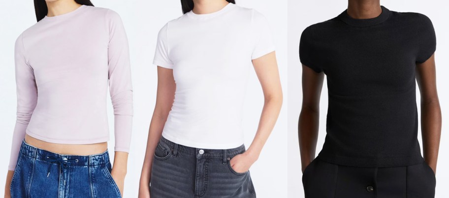 three women modeling light pink, white, and black tshirts