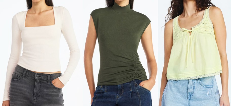 three women modeling white, green, and yellow tops