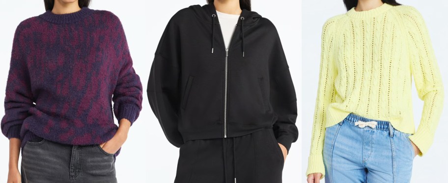three women modeling sweaters and hoodies