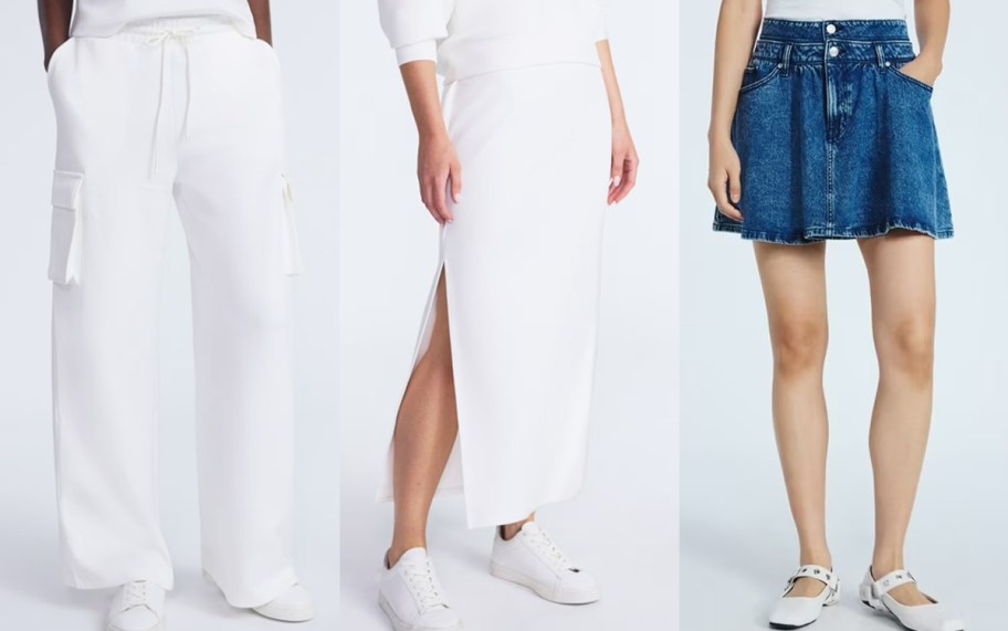 three women modeling pants and skirts