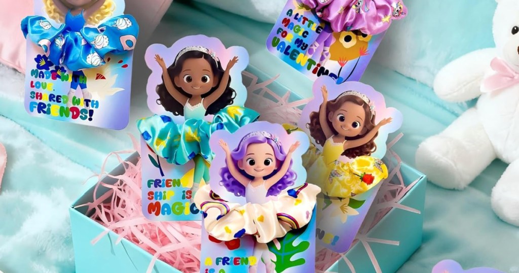 Scrunchie, valentine cards in box filled with paint confetti