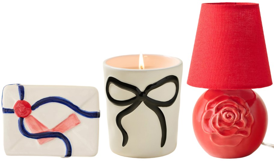 Secret Letter Ceramic Trinket Box, Bow Scented Candle, Sculpted Rose Mini Table Lamp