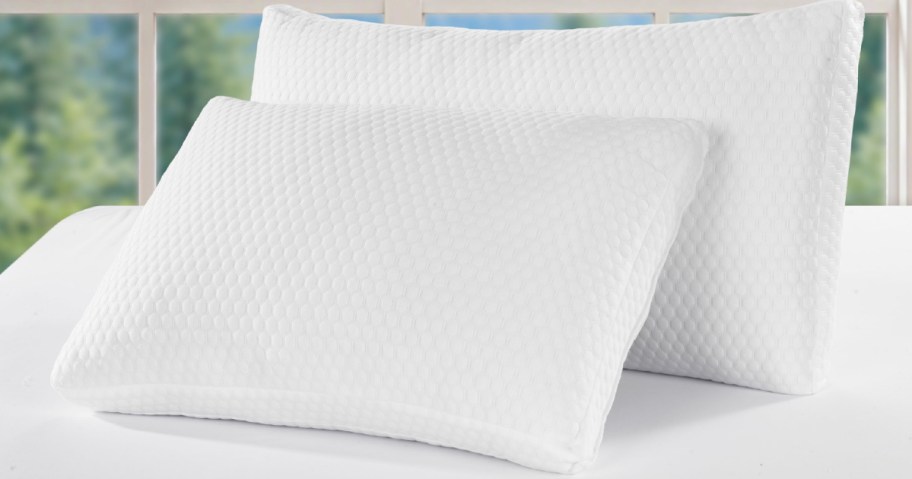 Two white Sertapedic bed pillows with a textured pattern displayed on a white surface.