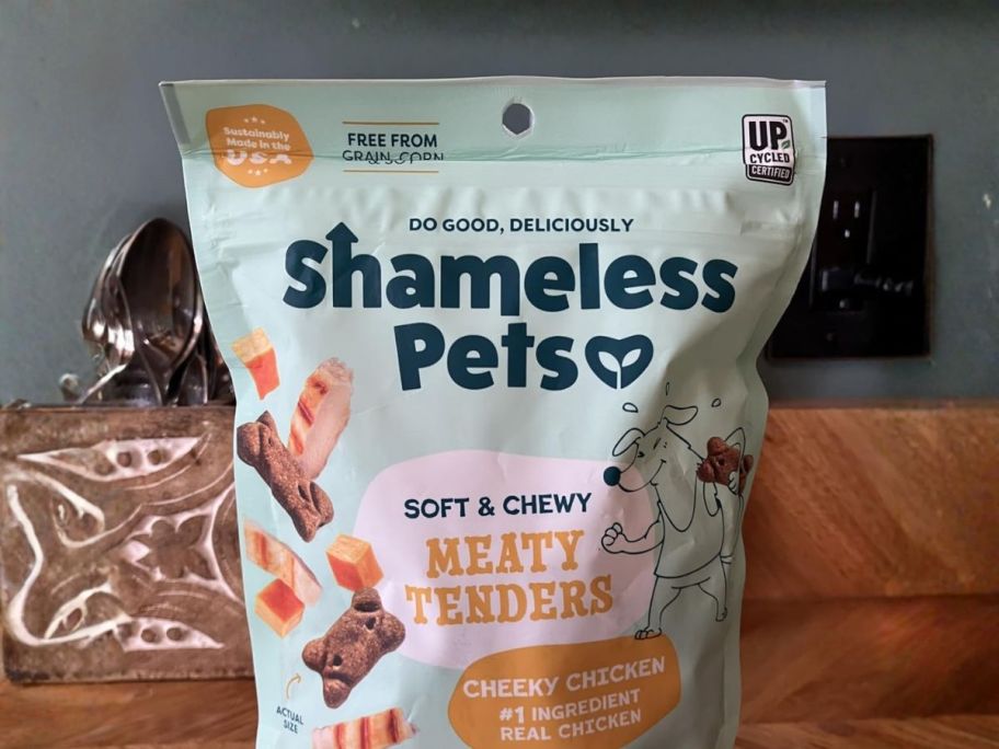 Shameless Pets Meaty Tenders Dog Treats bag on table