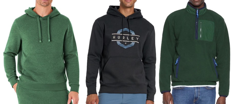 three men modeling sweatshirts