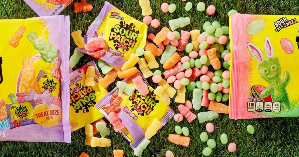 Sour patch, bunnies, and jellybeans on green grass