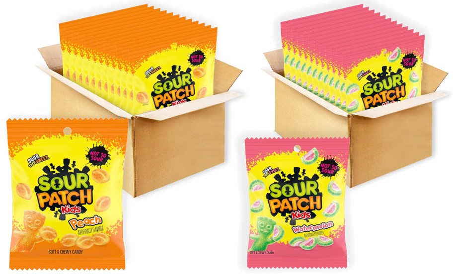 boxes of Sour Patch Kids peach and watermelon candies
