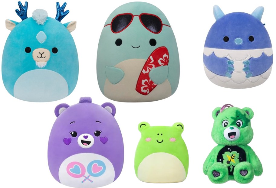 Squishmallows 12 Xam Aqua Kirin Plush, 14 Perry Teal Dolphin Plush, 8 Yeti Plush, Care Bears 12 Share Bear Plush, Wendy Heating Pad Plush, Care Bears 14 Rock Good Luck Bear