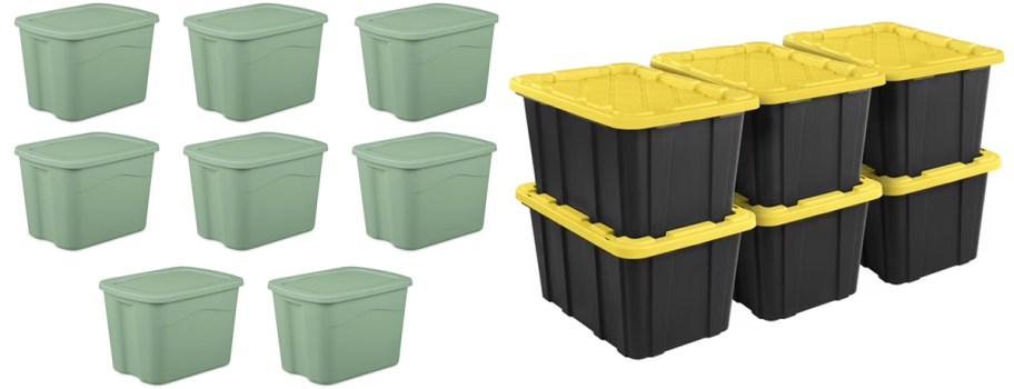 sets of green and black/yellow storage totes
