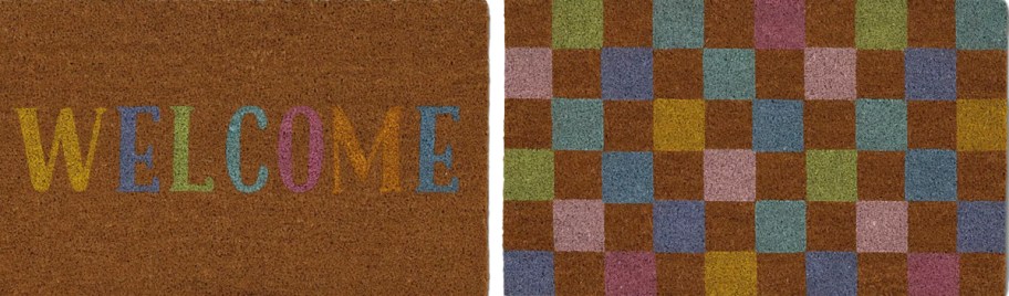colorful welcome and checkered print doormats
