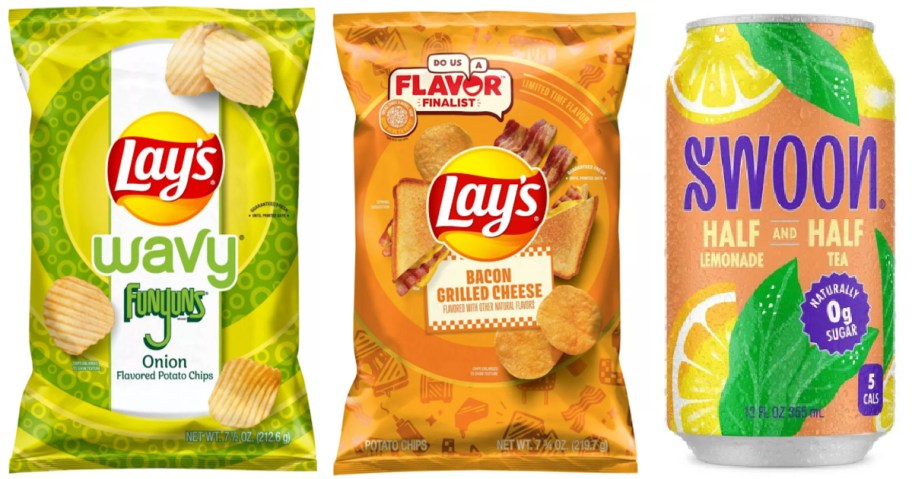 two bags of chips and canned drink