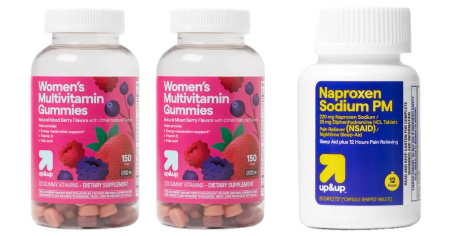 two bottles of vitamin gummies and bottle of pain reliever