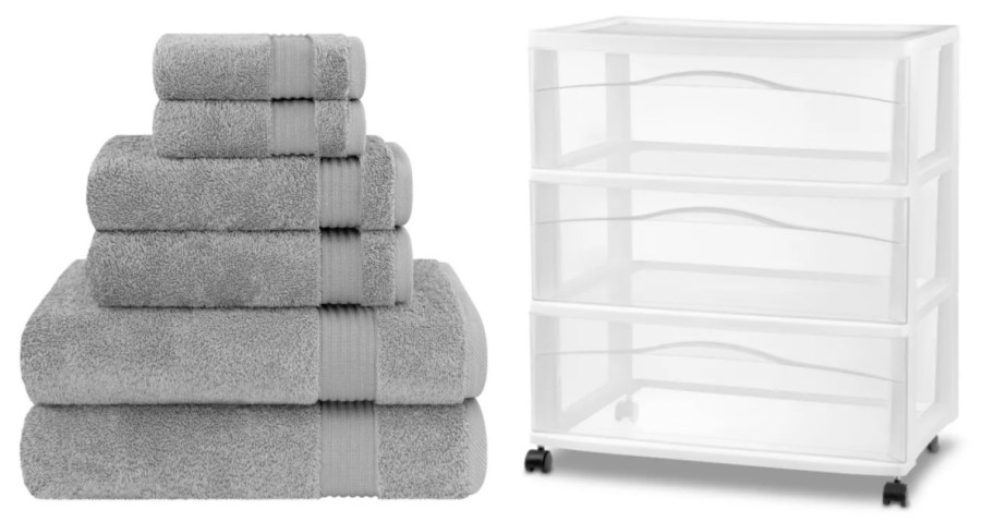stack of towels and plastic storage cart