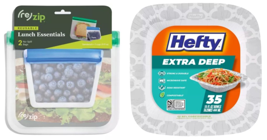 reusable lunch bags and paper bowls