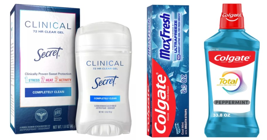 deodorant, toothpaste and mouthwash