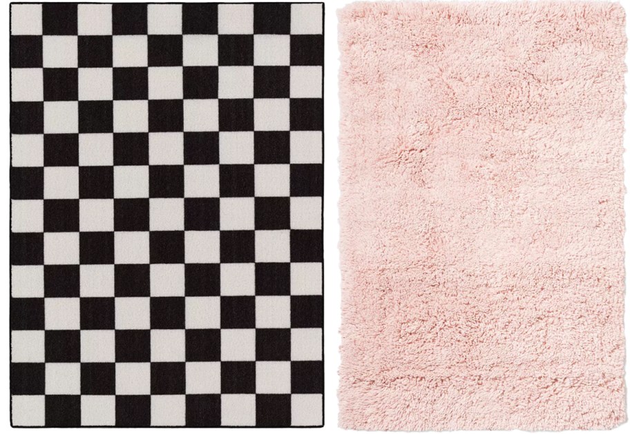 black/white checkered and pink shag rugs