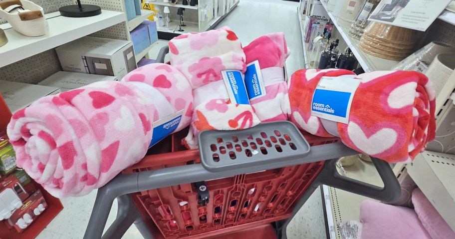valentines day blankets in a red shopping cart