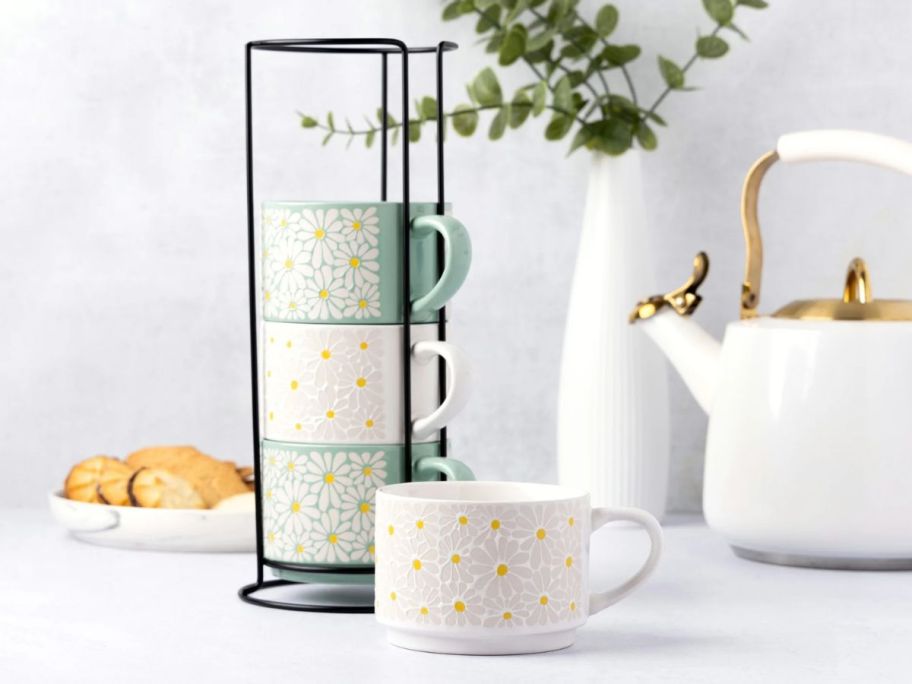 Thyme & Table Floral Stoneware Stacking Mugs 4-Pack w/ Wire Rack in kitchen